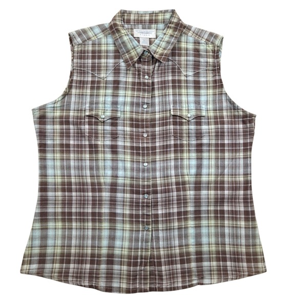 VTG 90s Wrangler Blues Sleeveless Western Shirt Brown Plaid Mens Large *READ - Picture 1 of 6